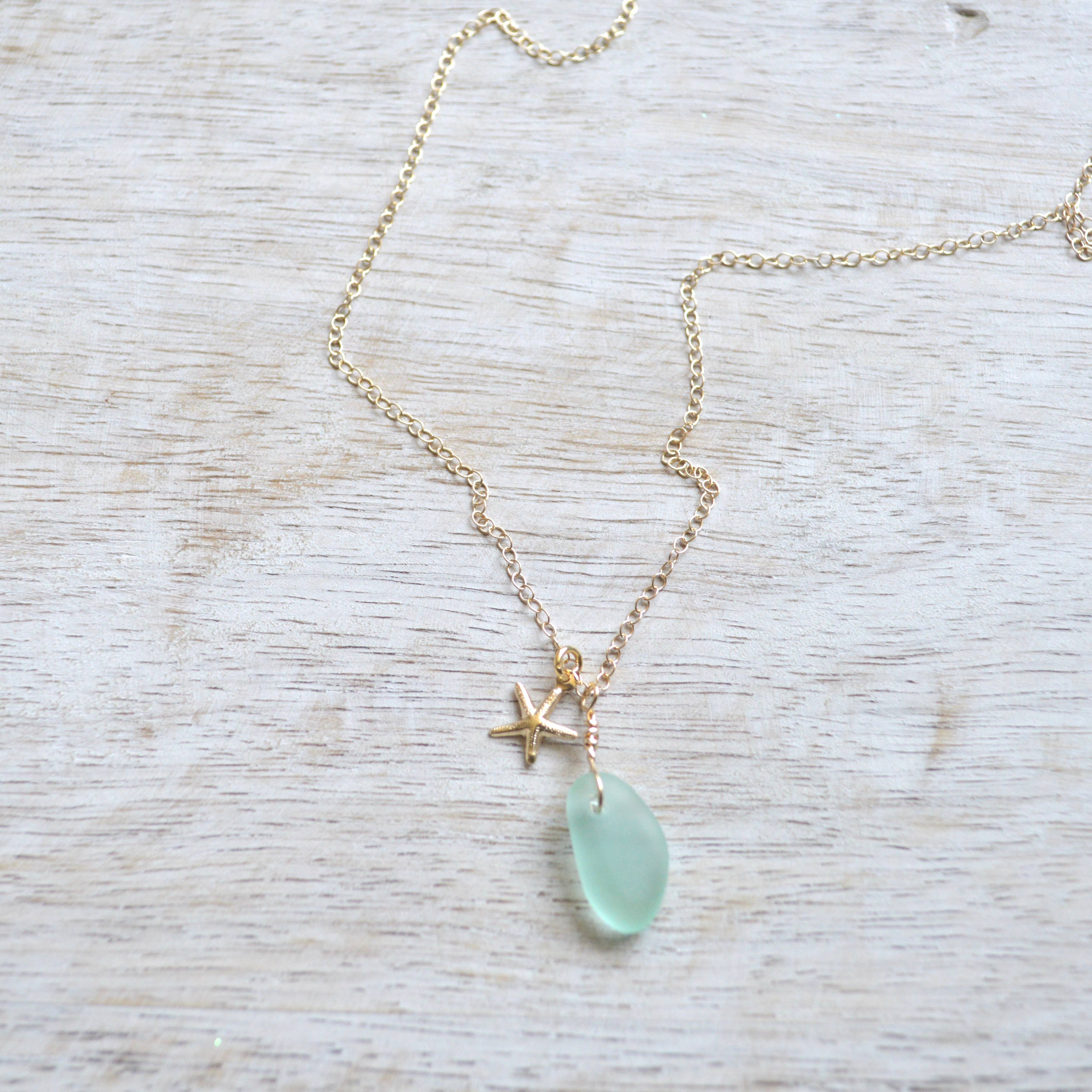 Salty But Sweet - Tiny Frosted Glass & Starfish Necklace in Gold