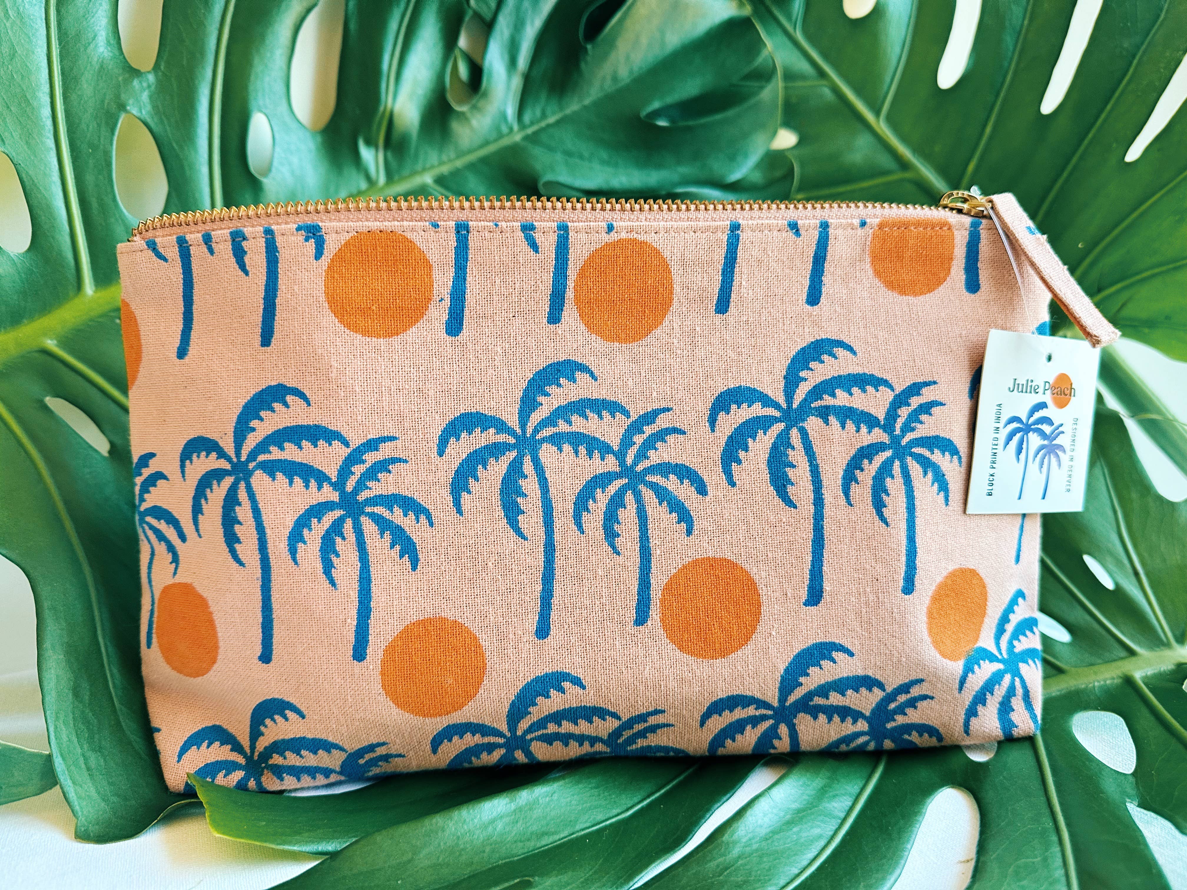 Palm sunset on pink. block printed zipper pouch.