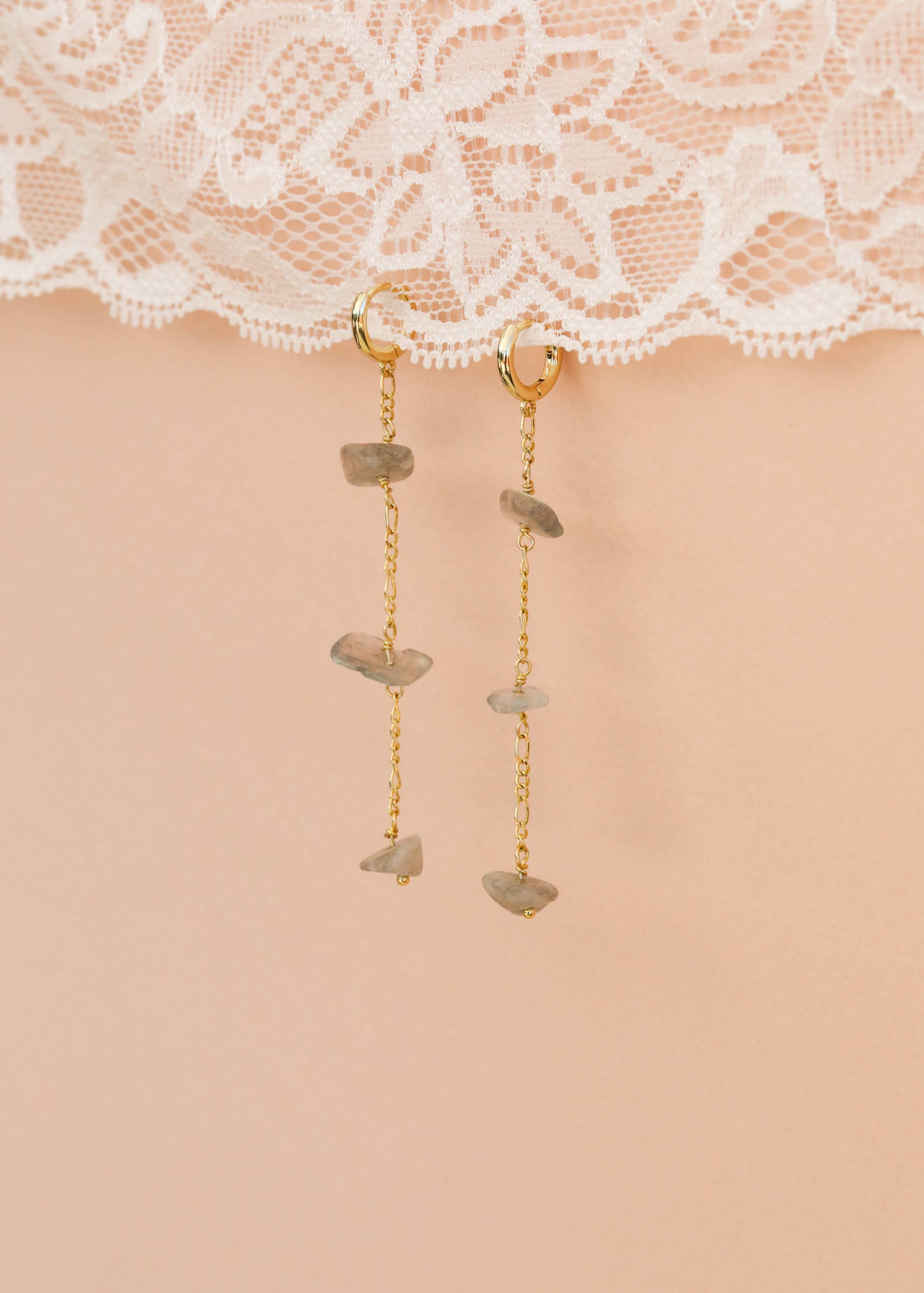 Raw Gemstone Chain Drop Earring - Rainbow Moonstone