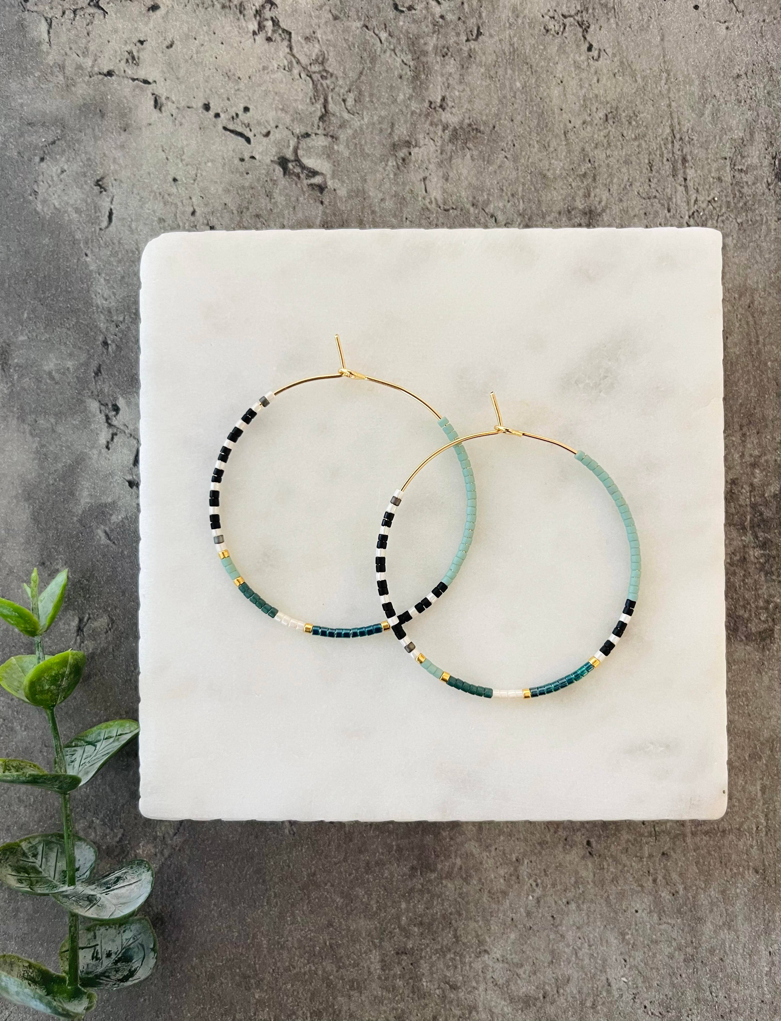 Amy Houston - Sea Foam miyuki glass beaded hoop earrings: Medium