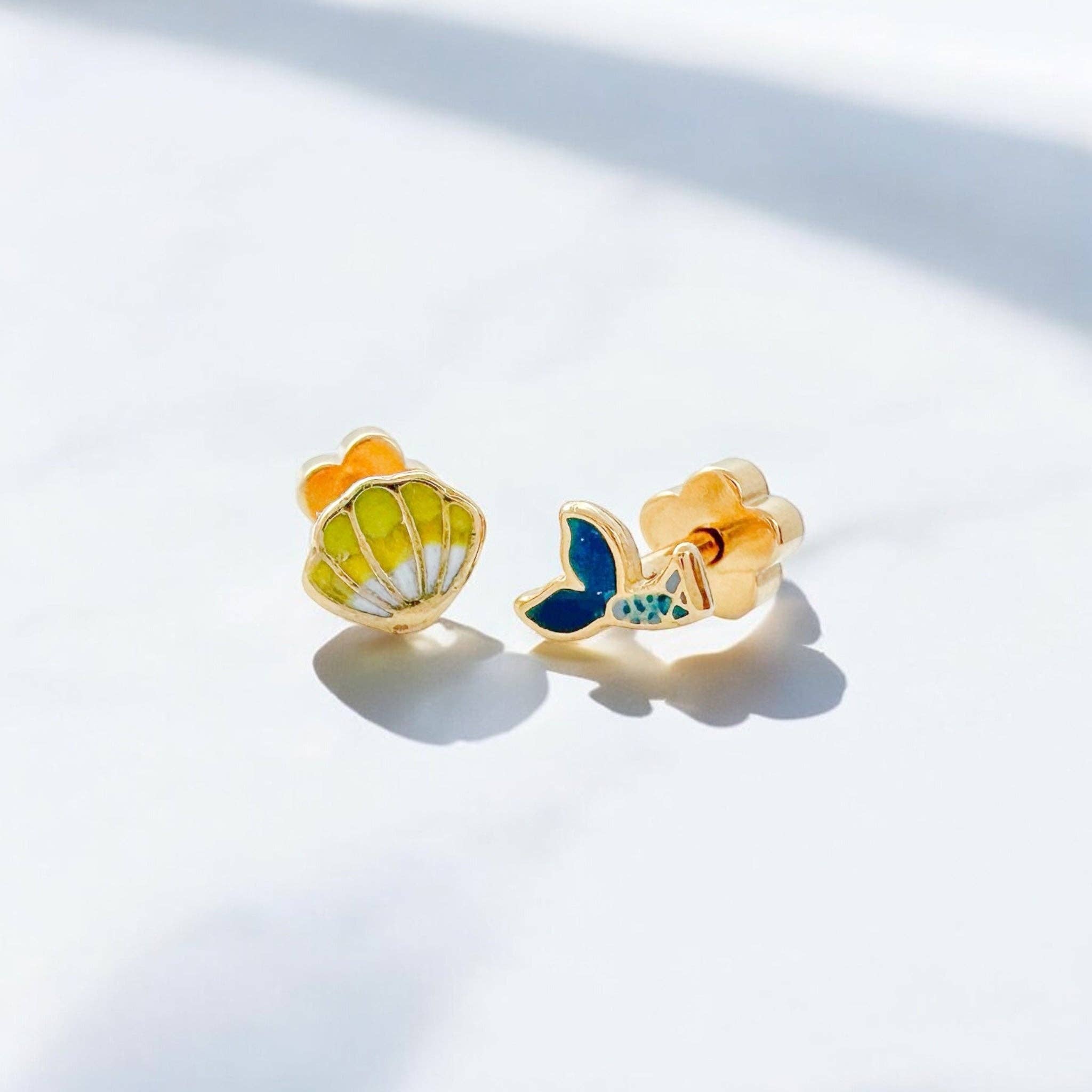 Mermaid Tail & Shell Tiny Stud Kids Earrings