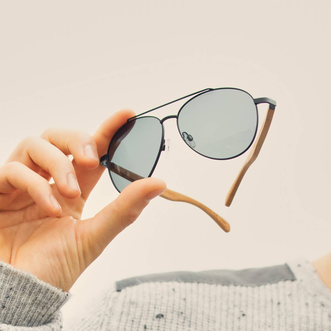 Amador Black Aviator Eco-Friendly Wood Polarized Sunglass