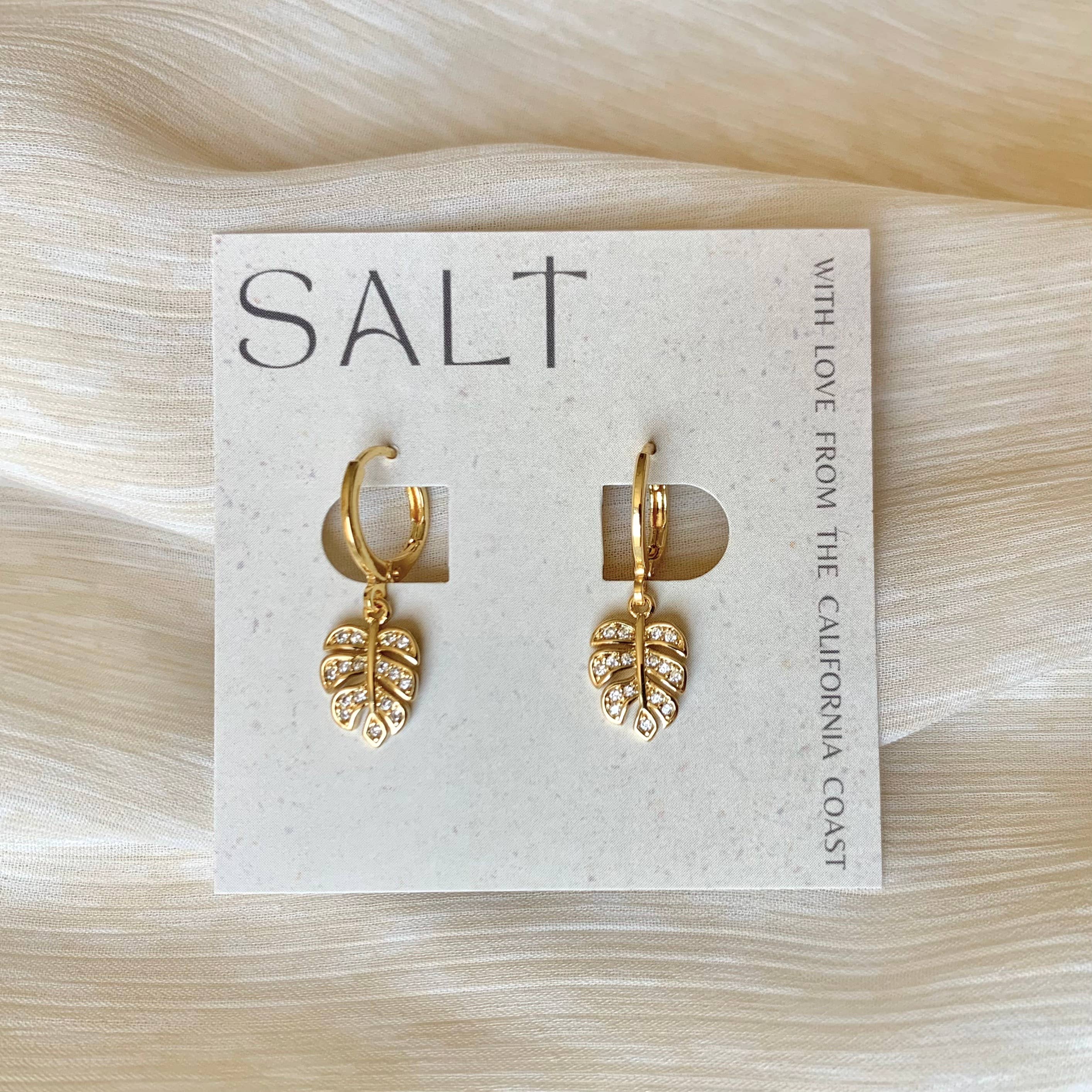 MONSTERA LEAF HUGGIE HOOPS | gold | tropical beach jewelry