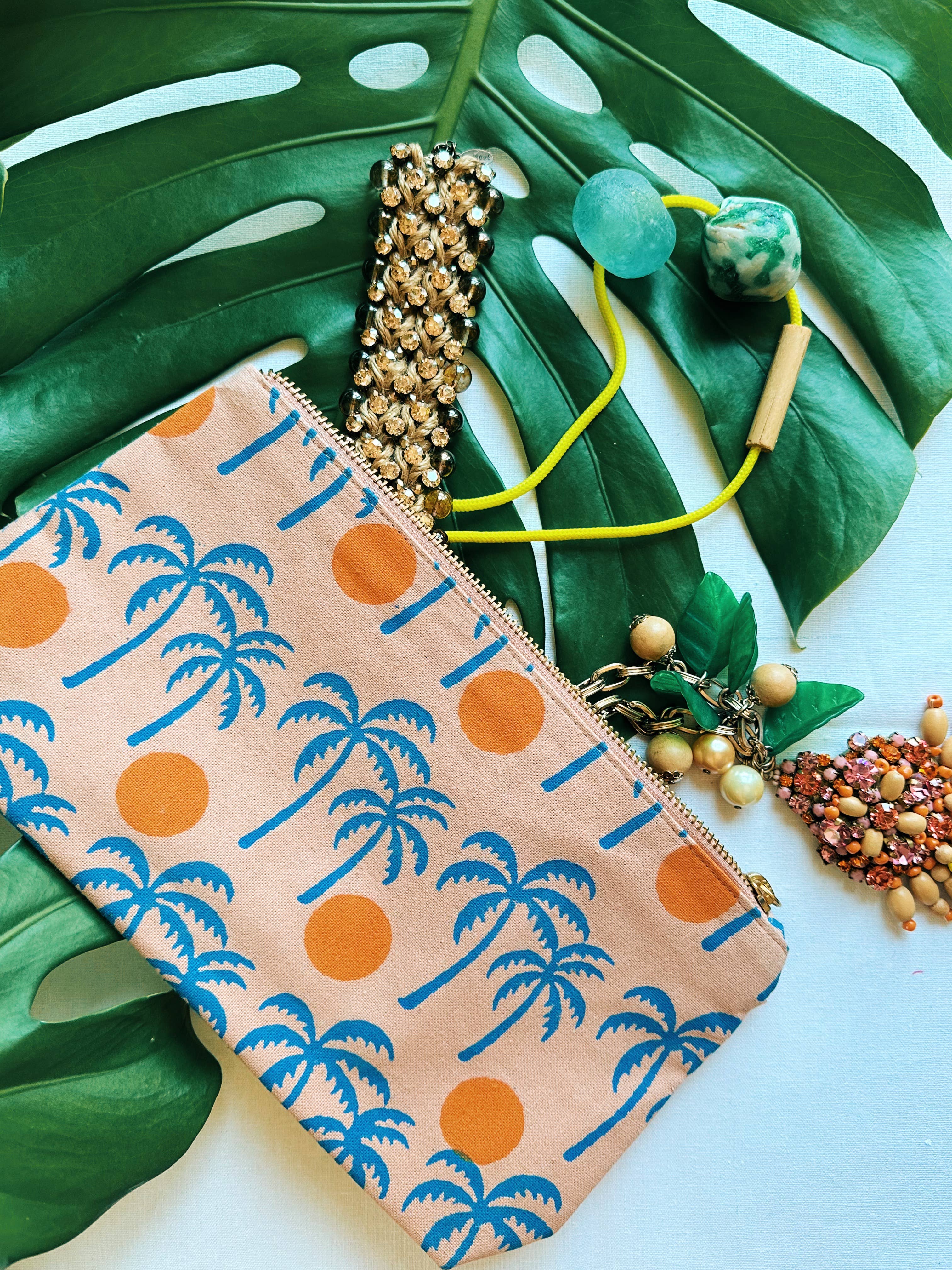 Palm sunset on pink. block printed zipper pouch.