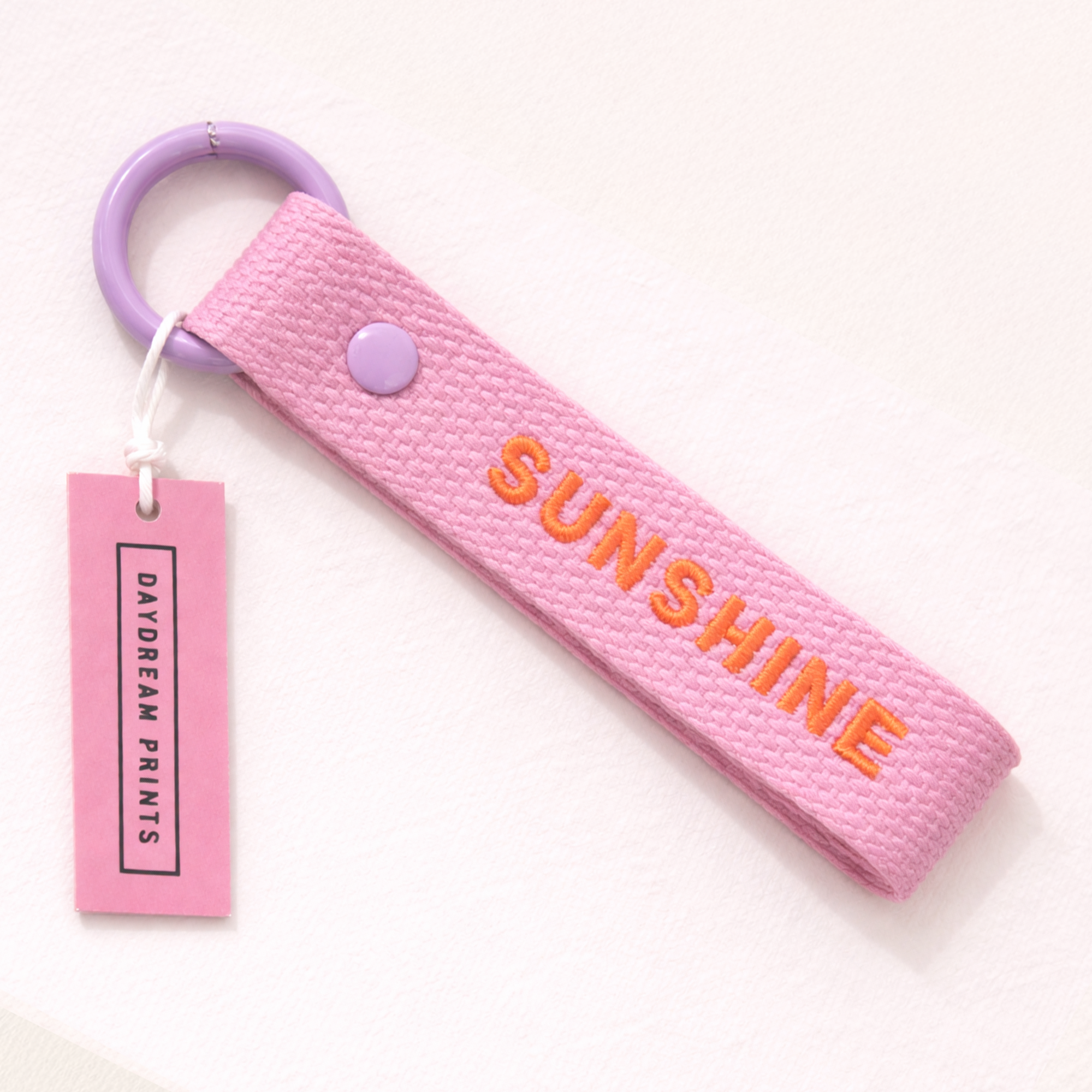 SUNSHINE Embroided Keyring | 5" Fabric Keychain | Pink