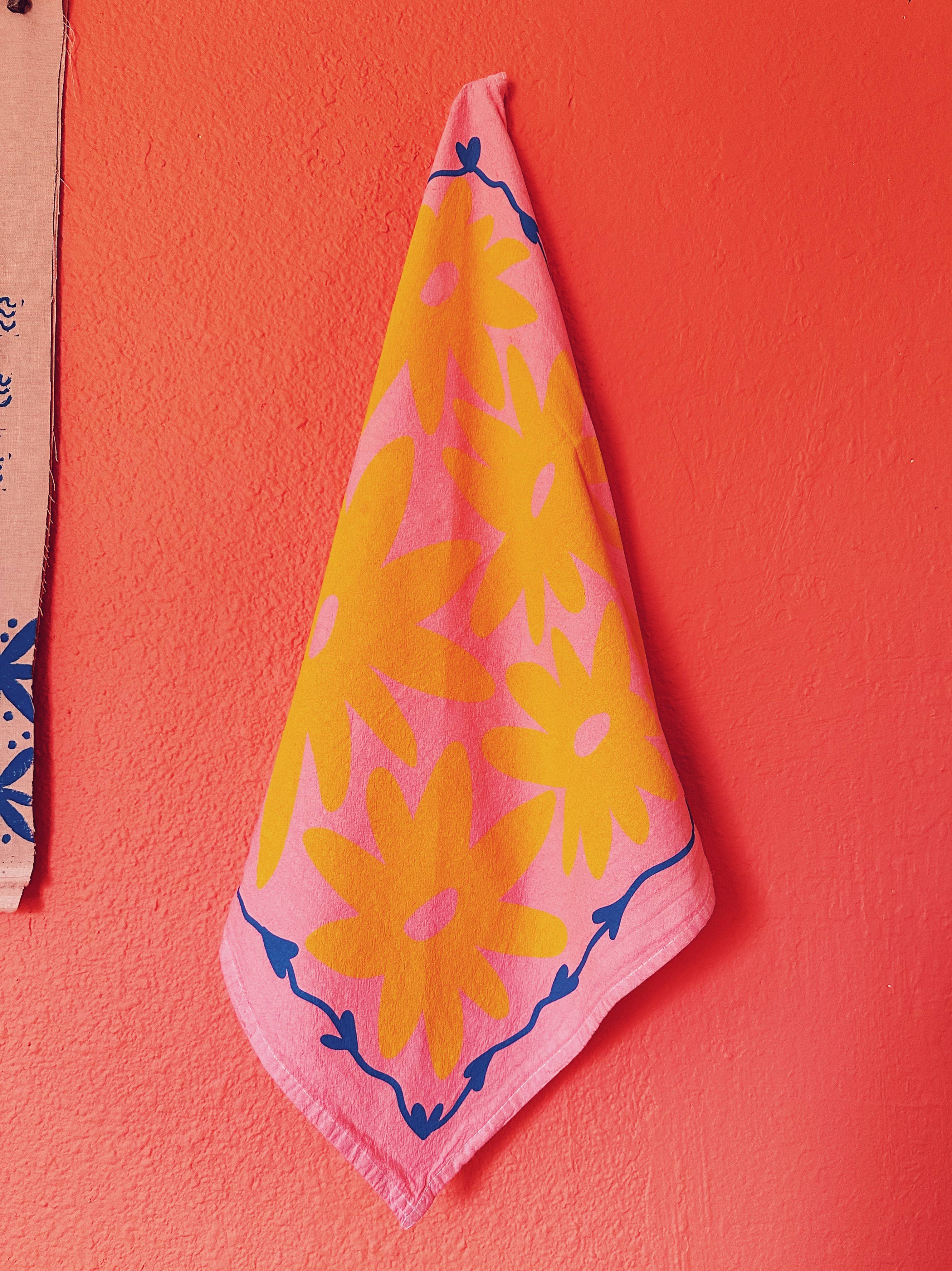 Floral Splat on Pink Tea Towel - 100% Cotton