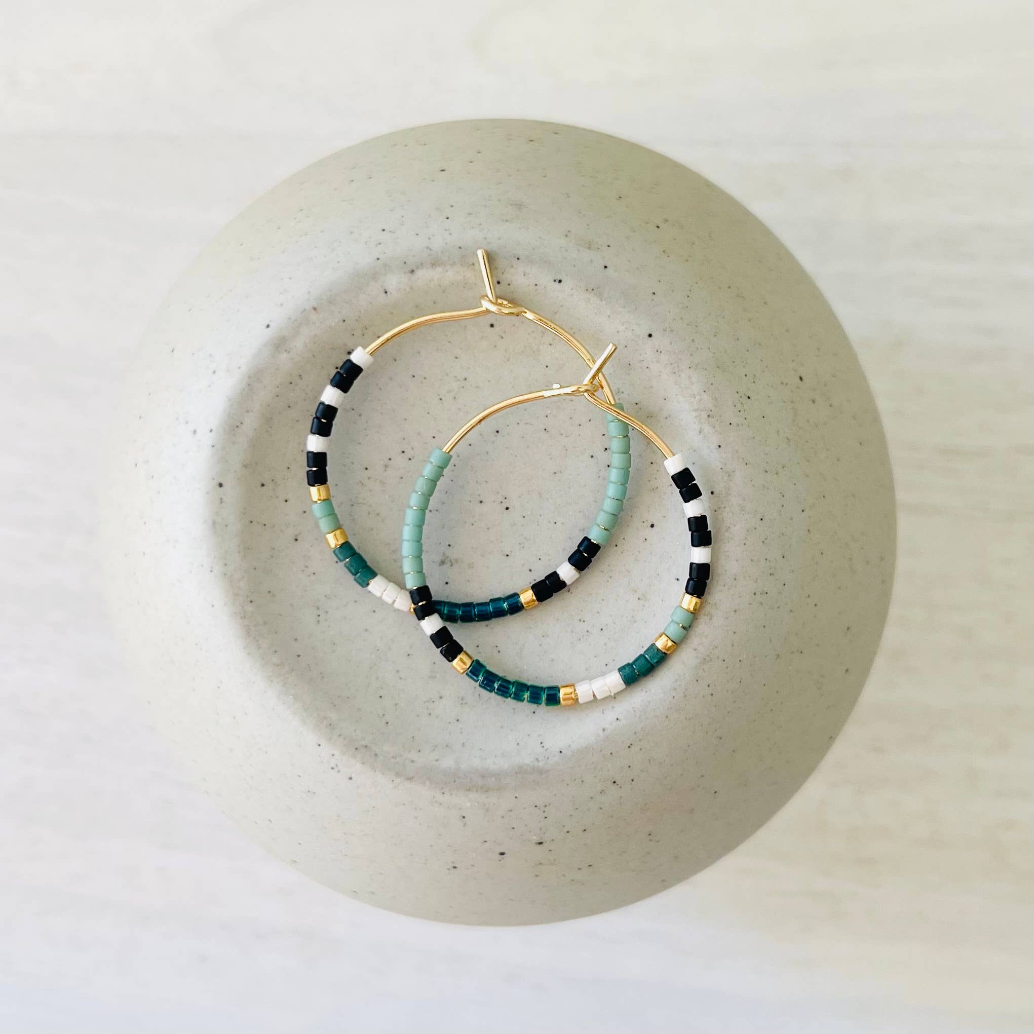 Amy Houston - Sea Foam miyuki glass beaded hoop earrings: Medium
