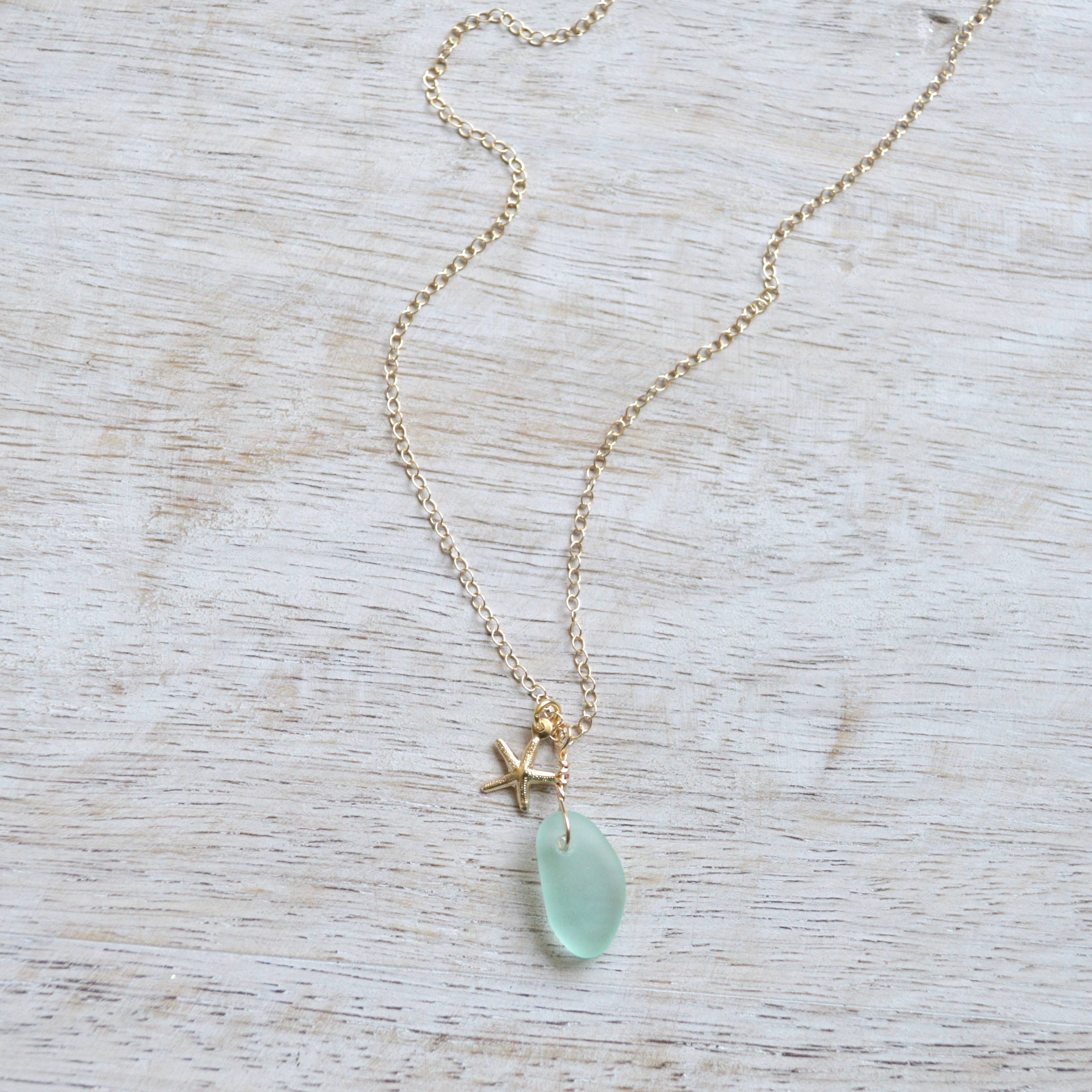 Salty But Sweet - Tiny Frosted Glass & Starfish Necklace in Gold