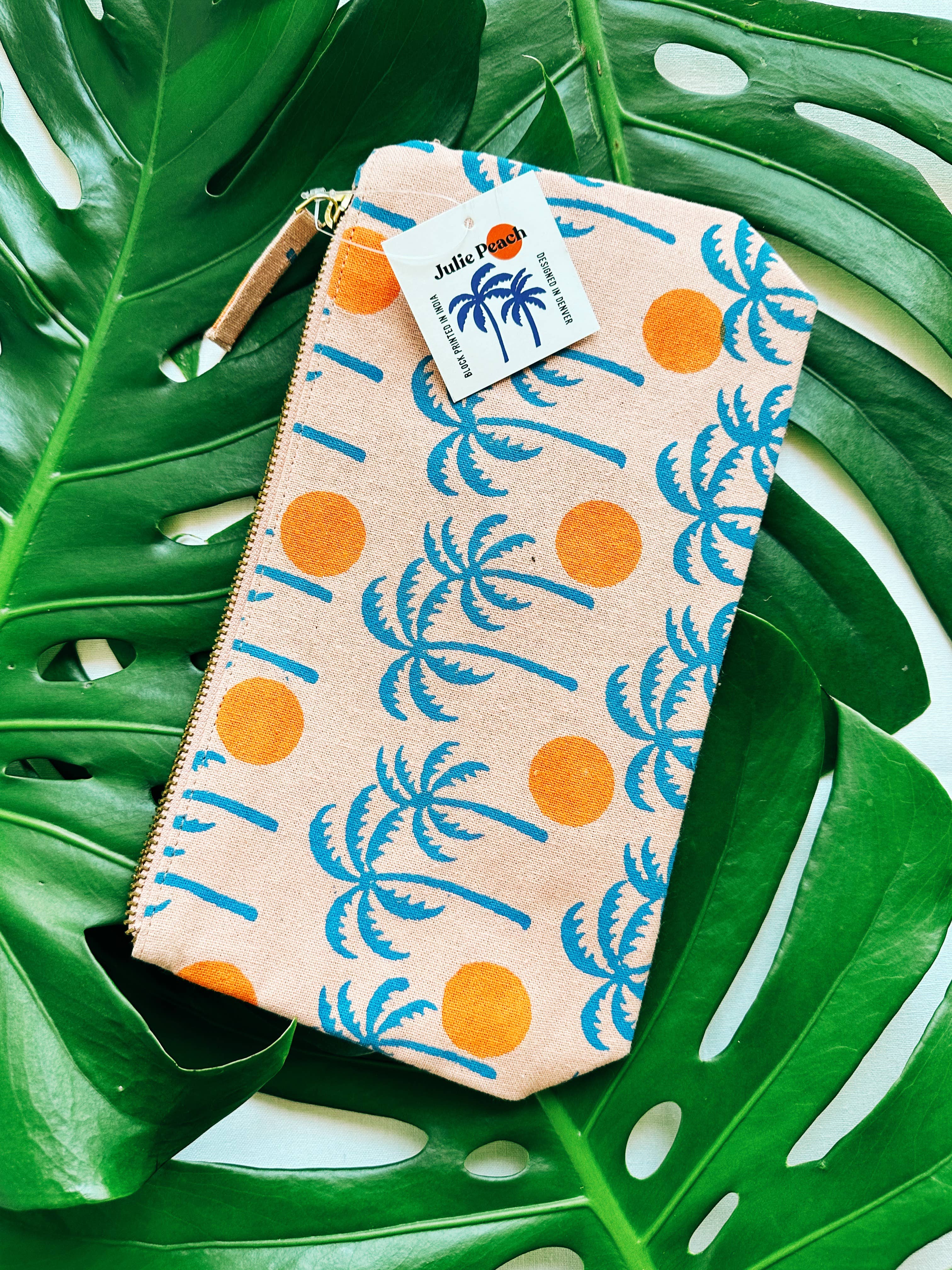 Palm sunset on pink. block printed zipper pouch.