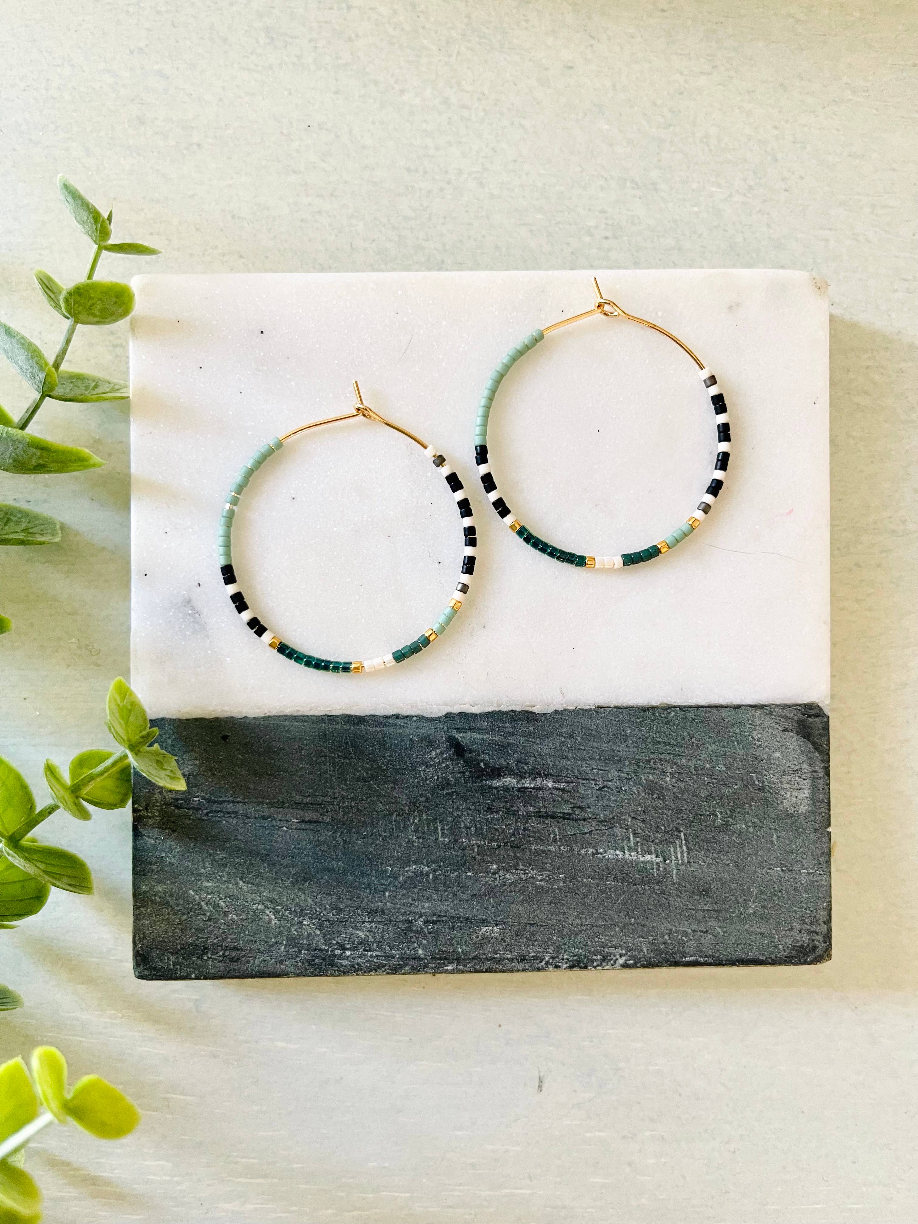 Amy Houston - Sea Foam miyuki glass beaded hoop earrings: Large