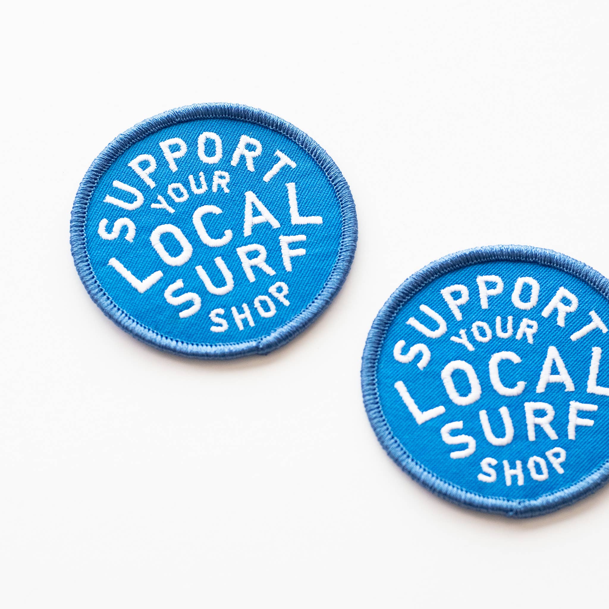 Support Your Local Surf Shop Iron on Patch - Blue & White: Yes