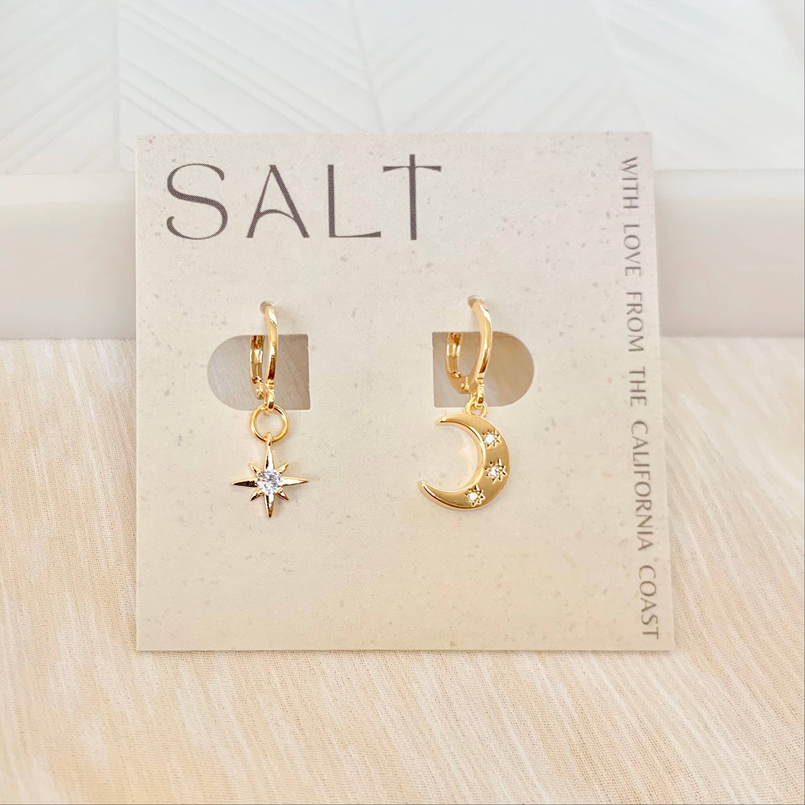 STAR & MOON HUGGIE HOOPS | gold | celestial charm earrings
