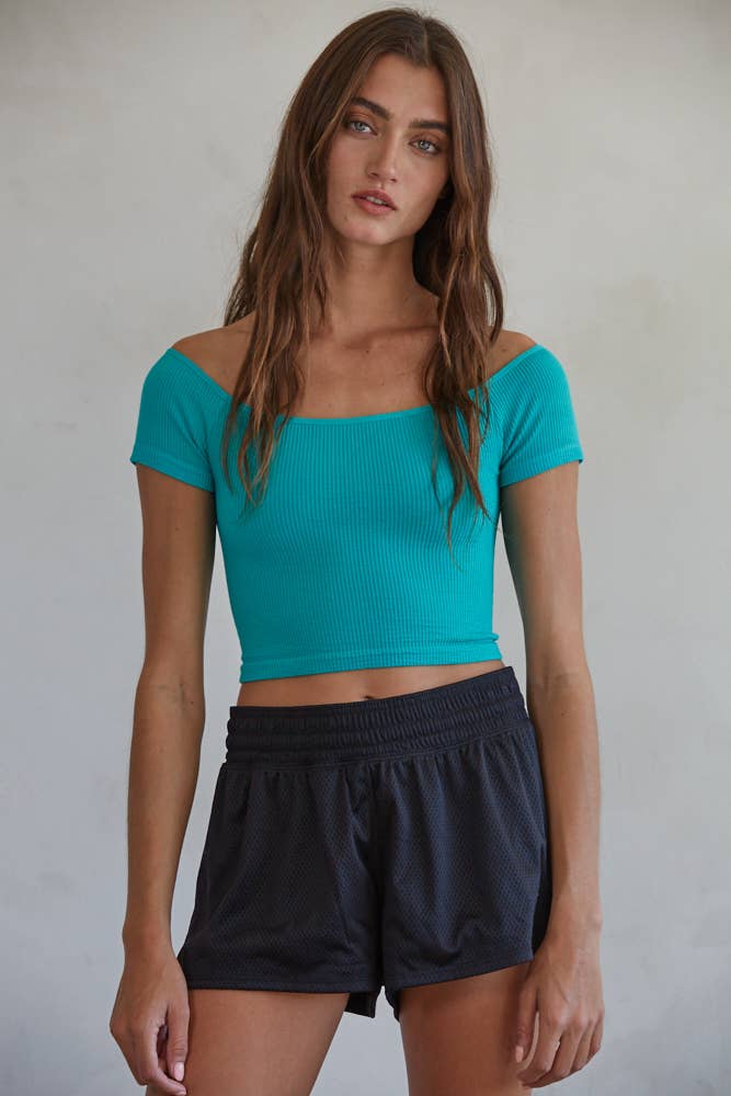 S1054 | Knit Seamless Ribbed Off Shoulder Crop Top