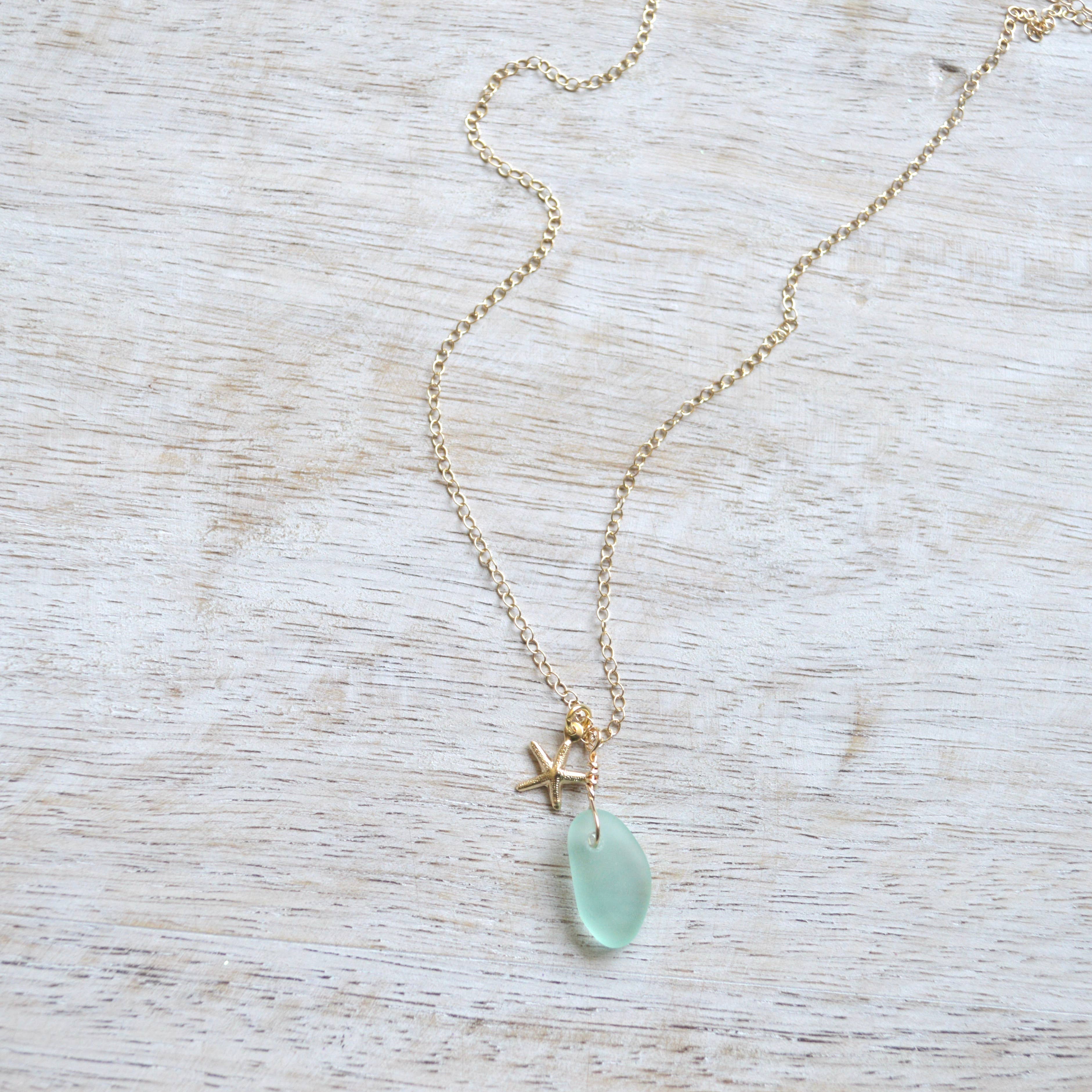 Salty But Sweet - Tiny Frosted Glass & Starfish Necklace in Gold