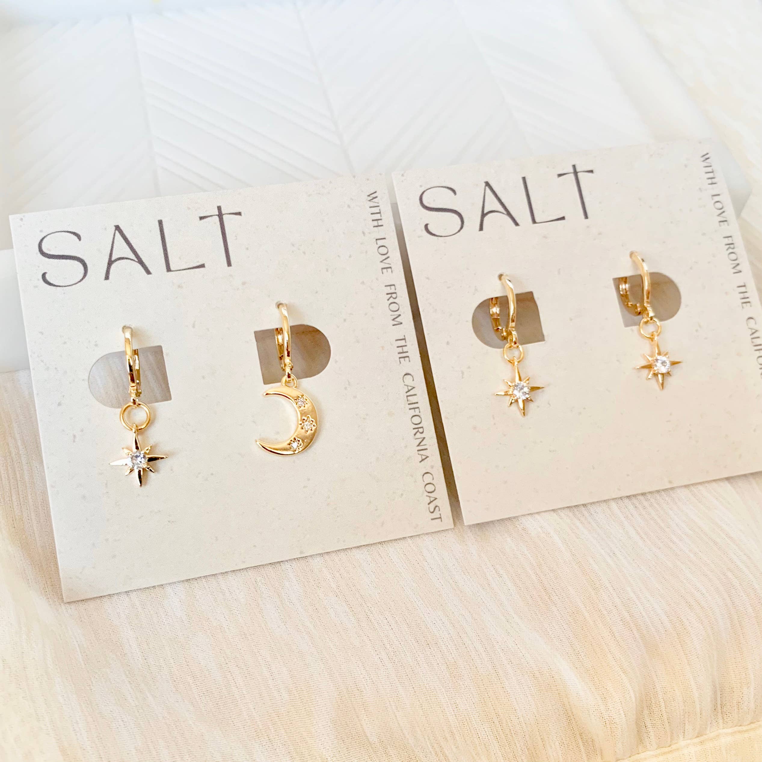STAR & MOON HUGGIE HOOPS | gold | celestial charm earrings
