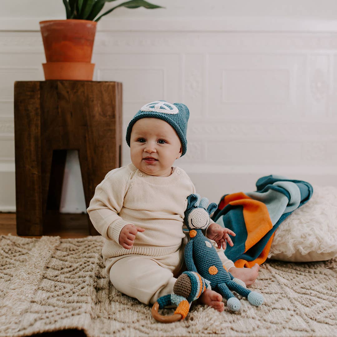 Handmade Knit Baby Beanie – Blue Peace Hat