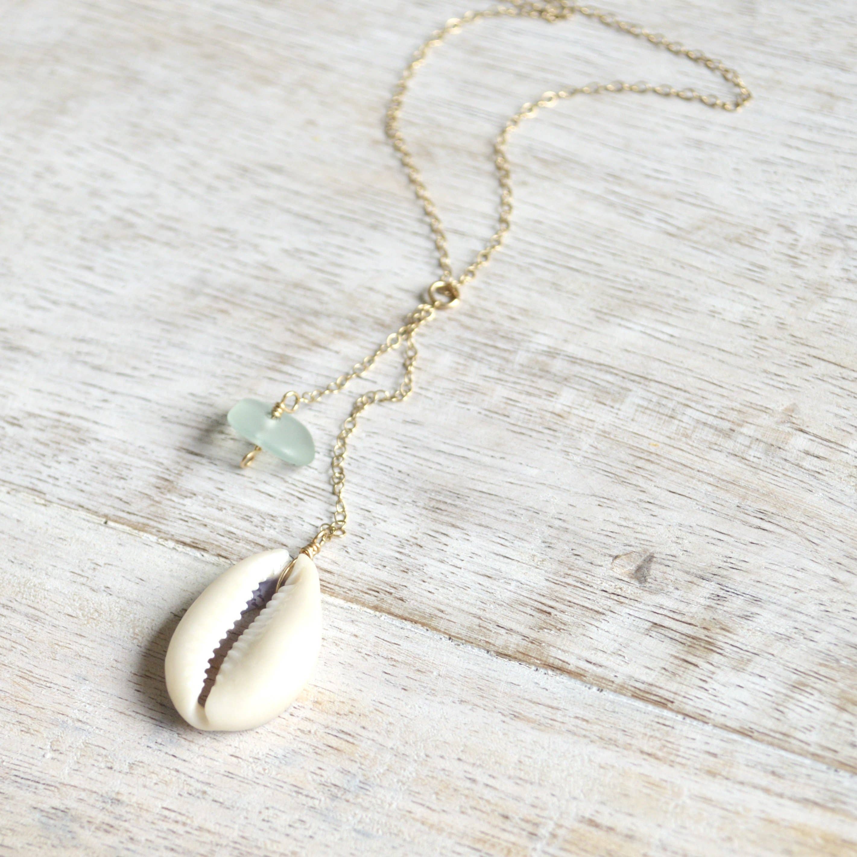 Cowrie Shell & Sea Foam Glass Necklace in Gold