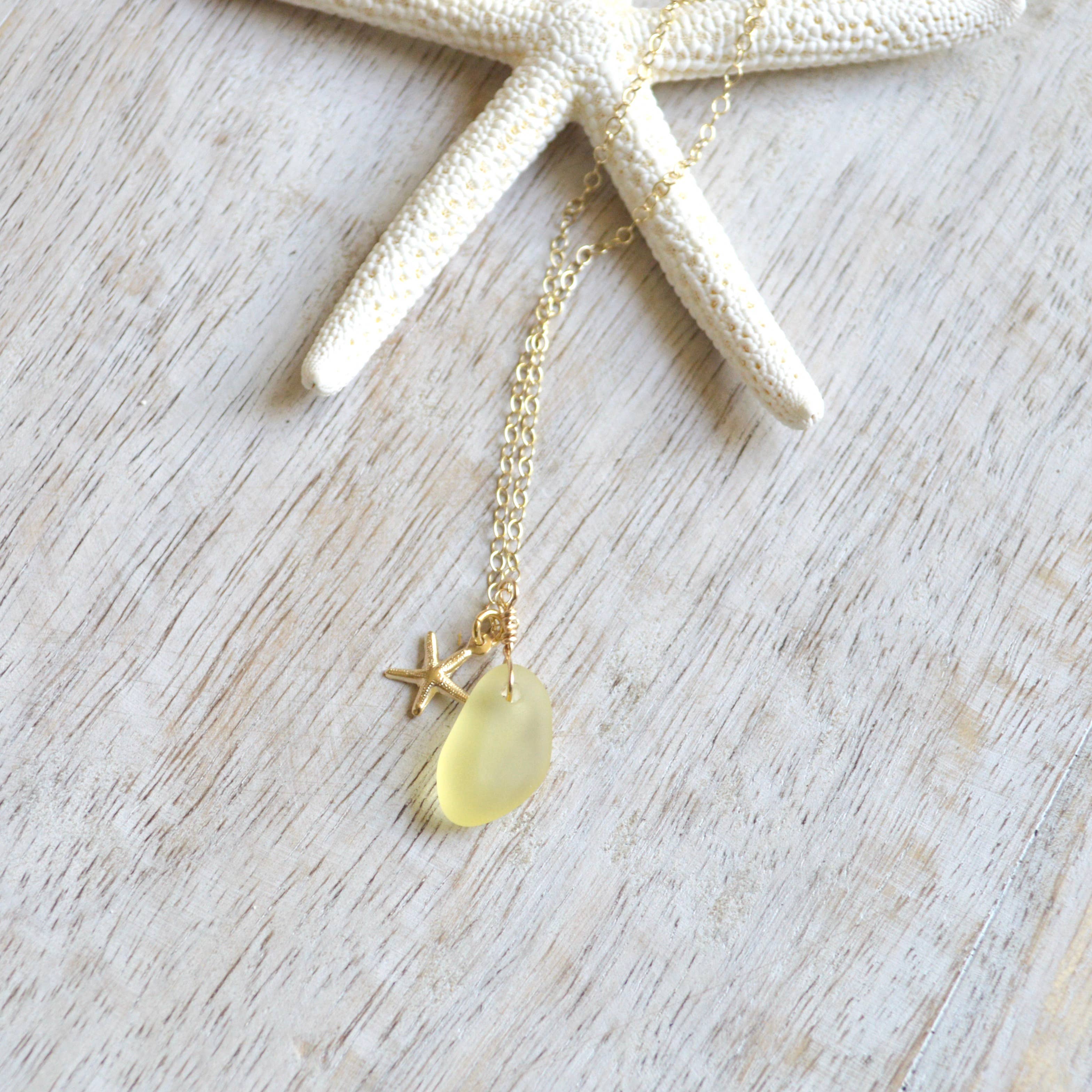 Salty But Sweet - Tiny Frosted Glass & Starfish Necklace in Gold