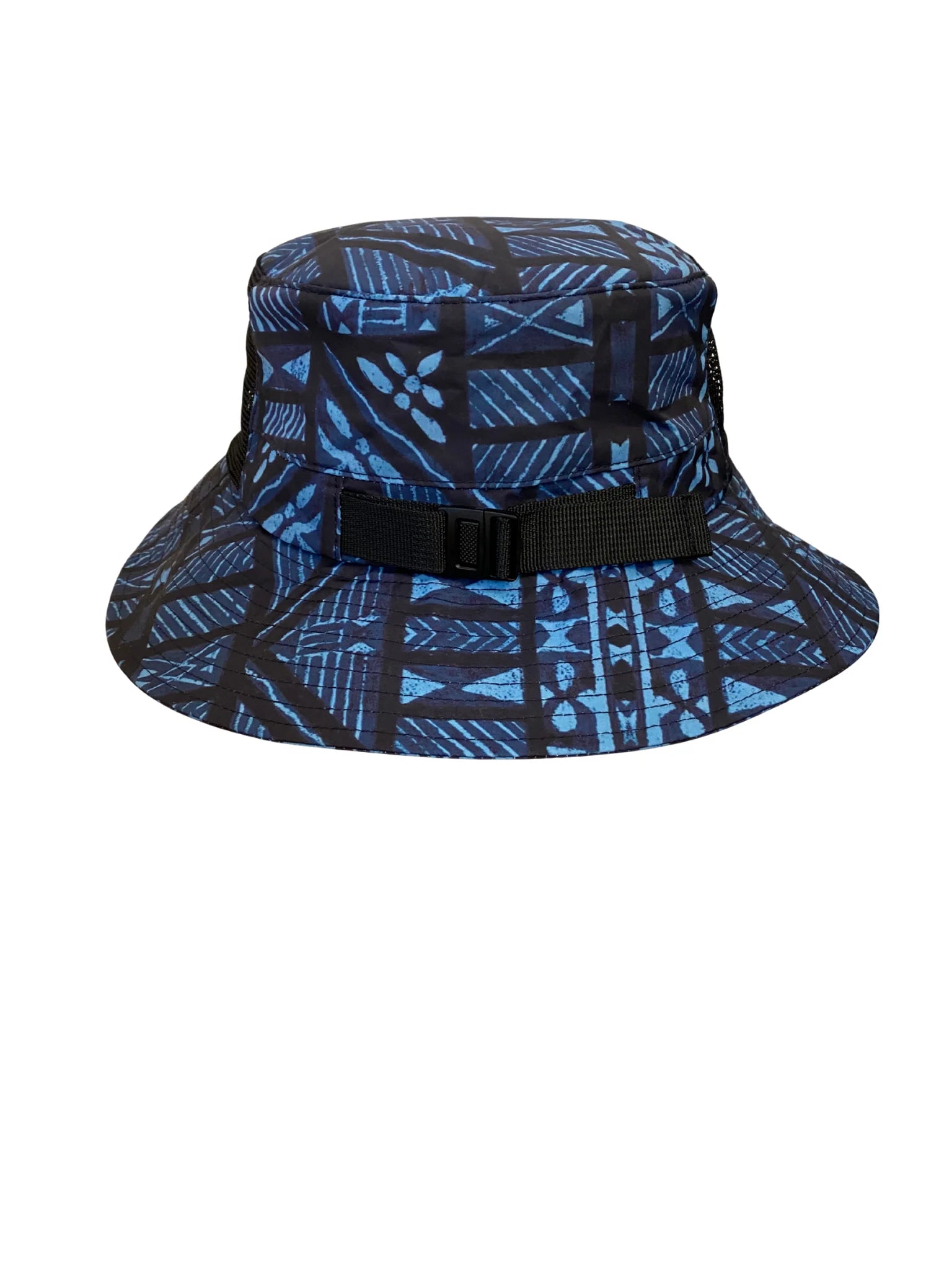 Blue and black patterned bucket hat on a white background