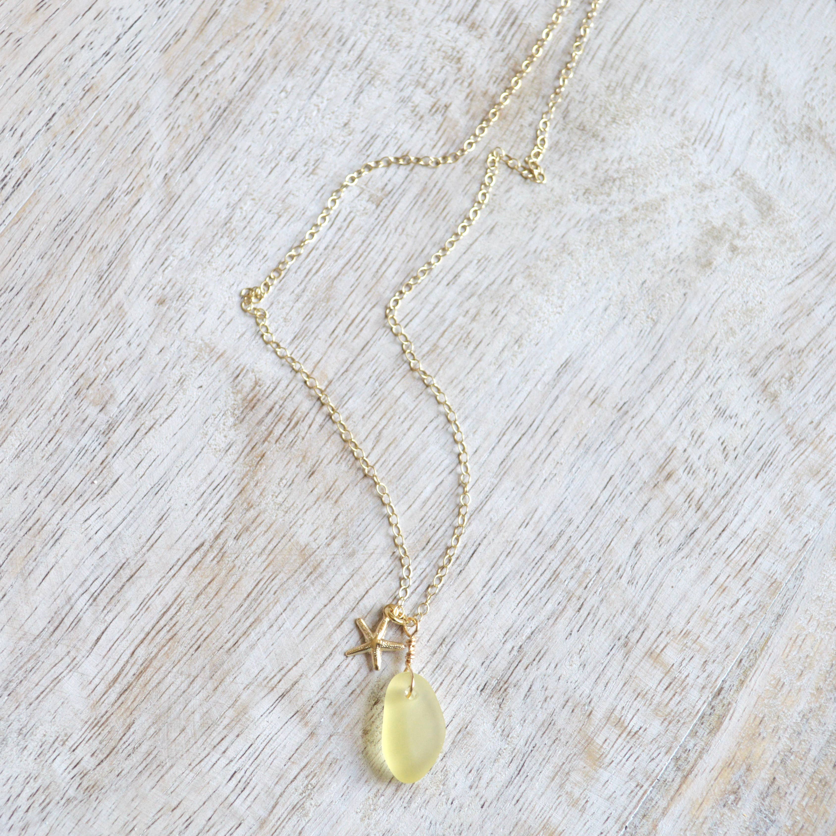 Salty But Sweet - Tiny Frosted Glass & Starfish Necklace in Gold