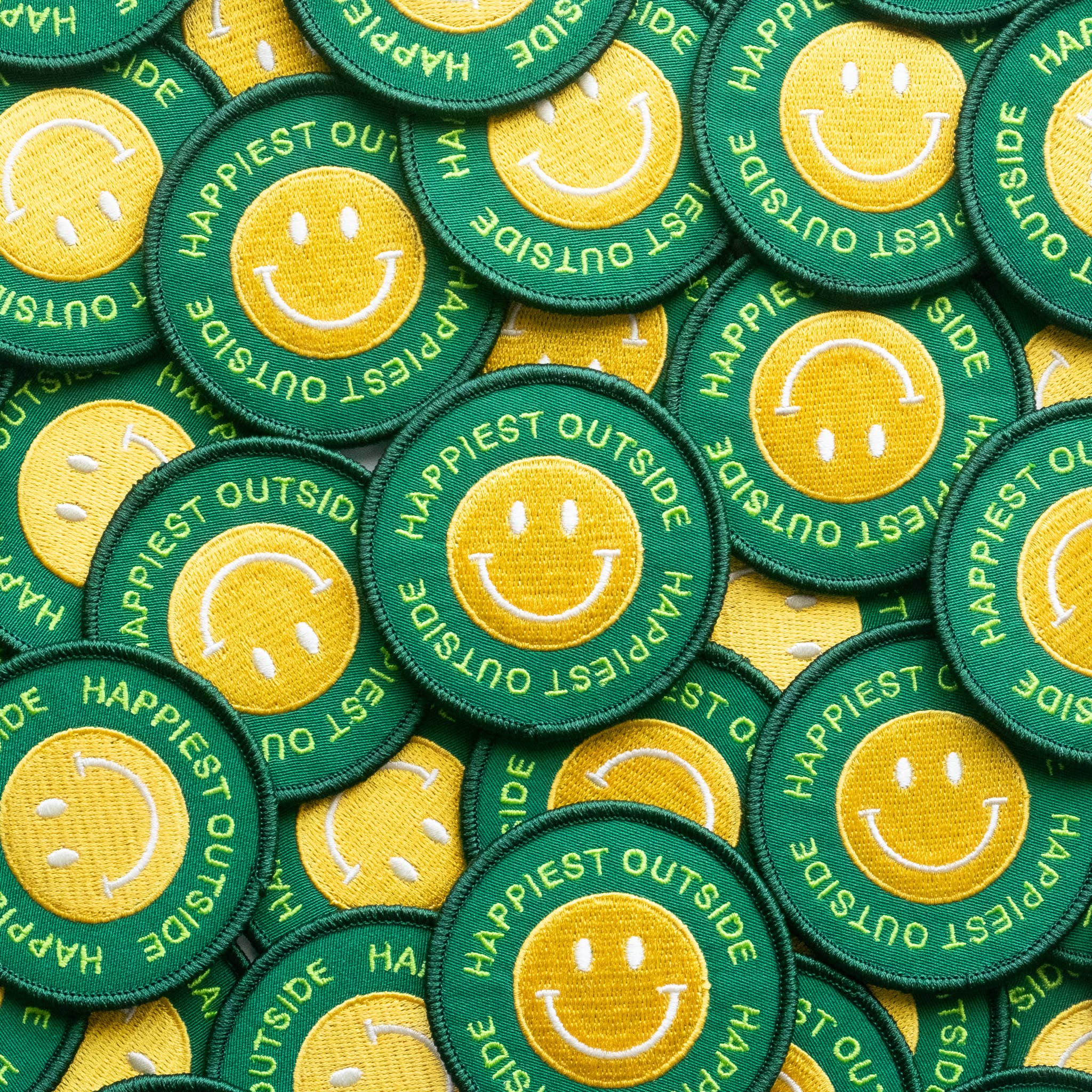 Happiest Outside Embroidered Iron on Patch - Smiley Face