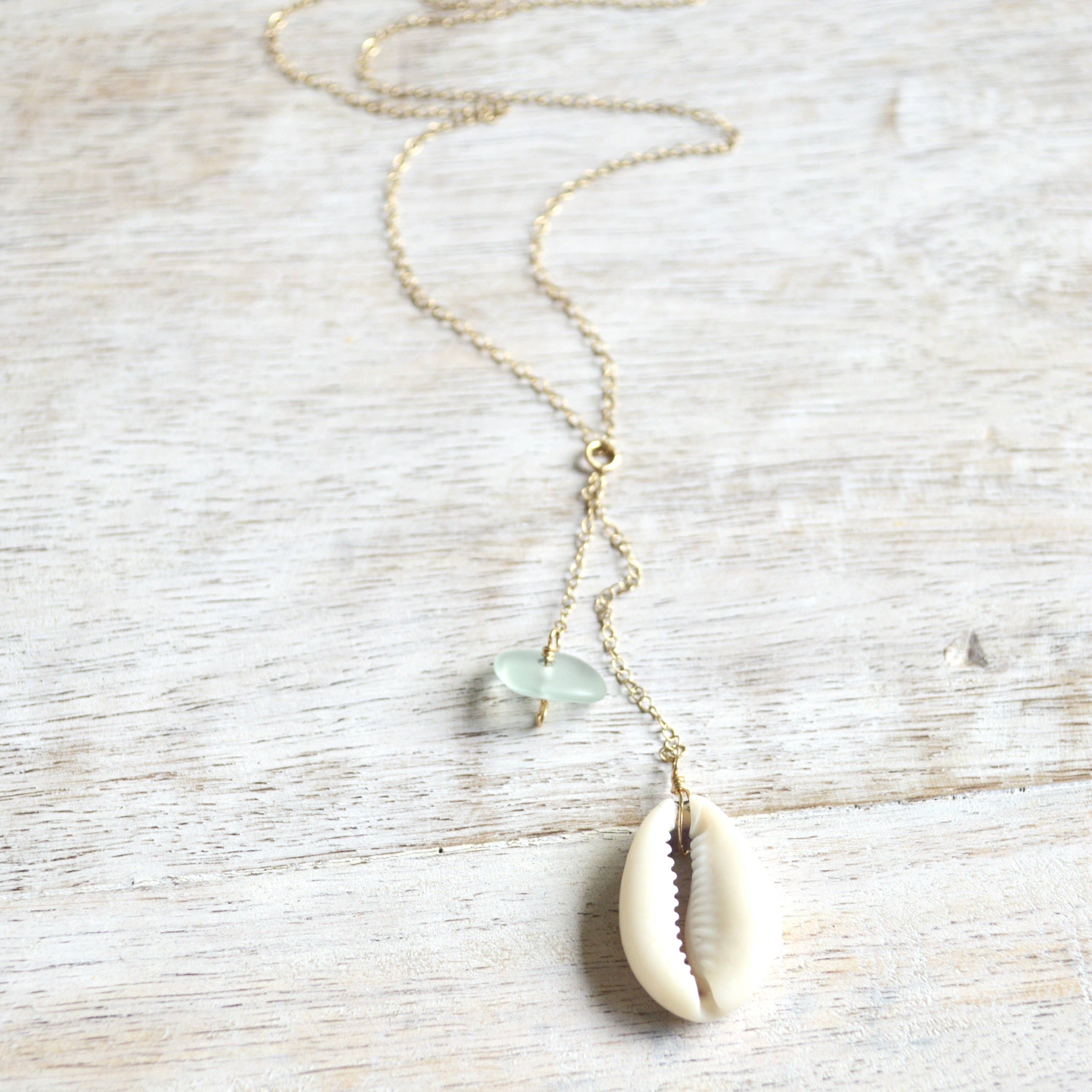 Cowrie Shell & Sea Foam Glass Necklace in Gold