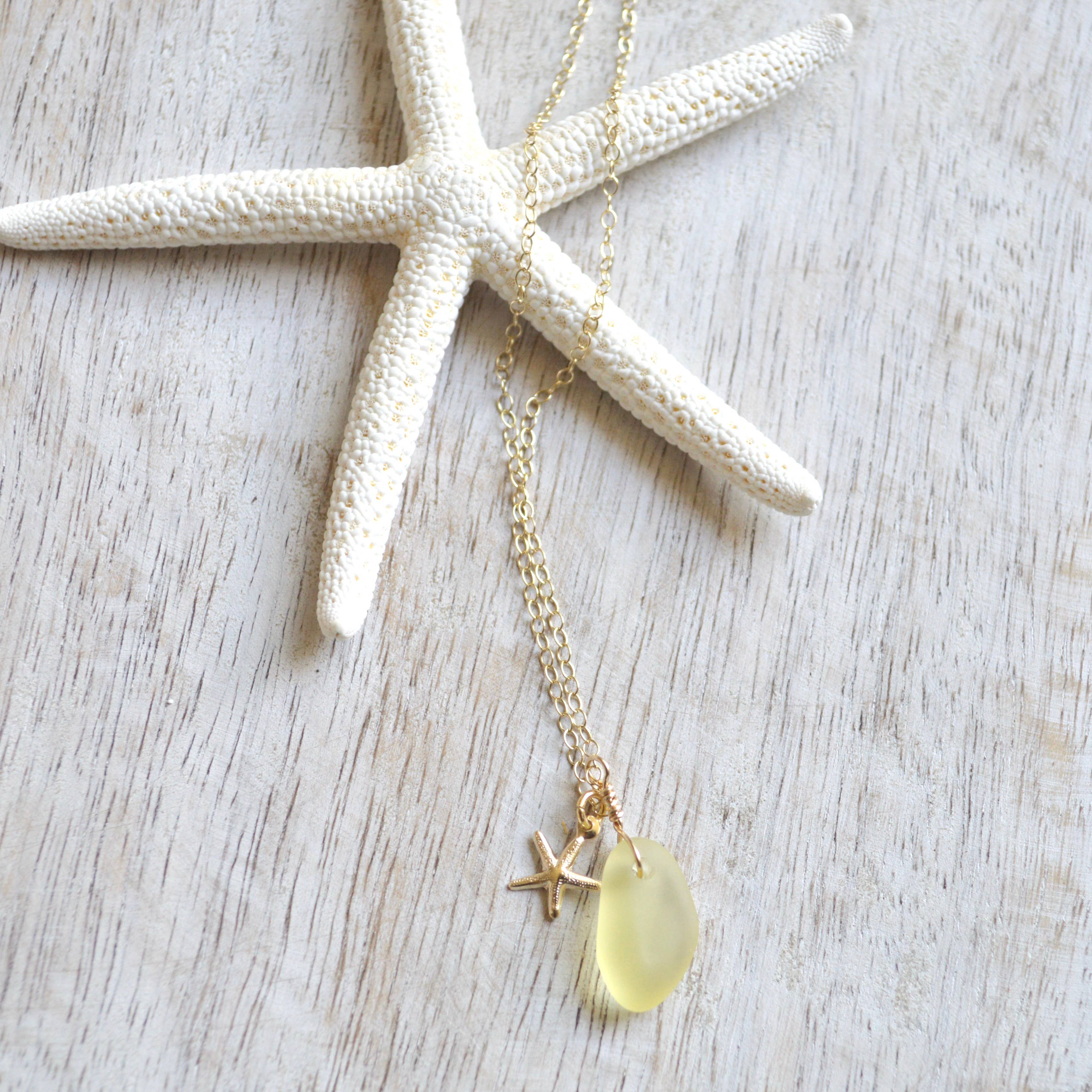Salty But Sweet - Tiny Frosted Glass & Starfish Necklace in Gold